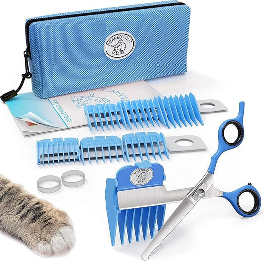 SCAREDY CUT Silent Pet Grooming Kit for Dogs, Cats and all Pet Grooming - A Quiet Alternative to Electric Clippers for Sensitive Pets (Right-Handed Blue)