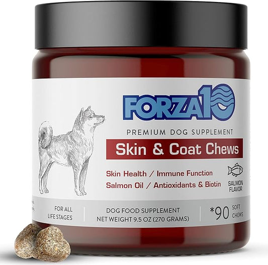 Forza10 Dog Skin and Coat Supplement with Omega 3 Fish Oil Dogs, Provides Dog Allergy Relief, Salmon Flavor Dog Vitamins & Supplements for Itchy Skin Relief, Dog Allergy Chews with Probiotics, 90 Ct.