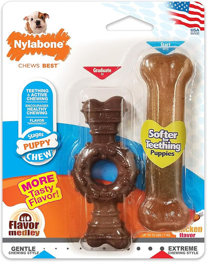 Nylabone Puppy Chew Toy Twin Pack - Puppy Chew Toys for Teething - Puppy Supplies - Medley & Chicken Flavor, X-Small/Petite (2 Count)