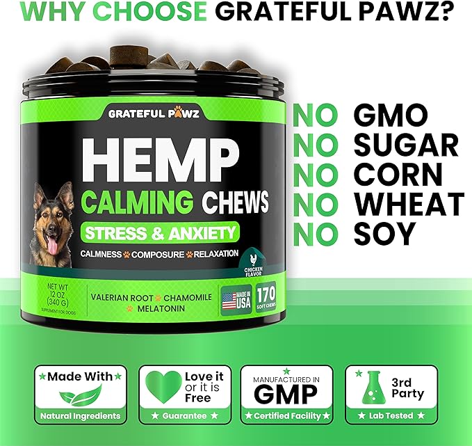 Hemp Calming Chews for Dogs - Dog Calming Chews - 170 Anxiety Relief Treats - Hemp Oil - Dog Calming Treats - Sleep Calming Aid - Advanced Calming Health Joint Support Supplement - Separation, Barking