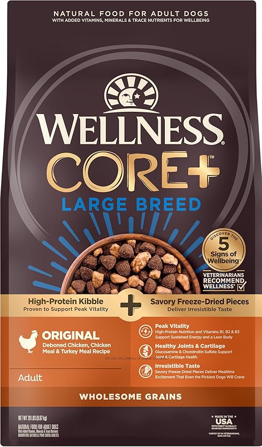 Wellness CORE+ Grained Large Breed Dry Dog Food, Original Deboned Chicken, Chicken Meal & Turkey Meal Recipe, 20 Pound Bag