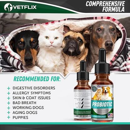 Premium Probiotics for Dogs & Cats - Digestive Enzymes & Prebiotics Supplement - Helps to Relieve Diarrhea, Vomiting, Upset Stomach, Gas, Constipation & Bad Breath - Supports Healthy Digestive System