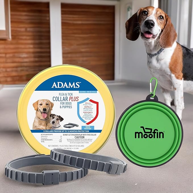 Flea & Tick Collar Plus for Dogs, 1.94 Oz, 12-Month Protection, Adjustable Fit, Flea & Tick Collar for Dogs Bundle with Moofin Silicon Pet Bowl, Kills & Repels Pests, One Size Fits All [2-Pack]