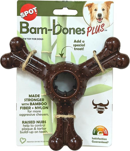 SPOT Bam-Bones Plus Triple Chew - Bamboo Fiber & Nylon, Durable Long Lasting Dog Toy for Aggressive Chewers – Great for Adult Dogs & Teething Puppies Under 90lbs, Non-Splintering, 7in, Bison Flavor