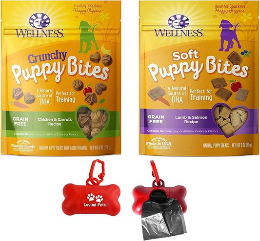 Wellness Puppy Dog Training Treats Natural Grain-Free Puppy Bites (Crunchy and Soft Variety Pack) Bundle with Luving Pets Dog Waste Bag Dispenser