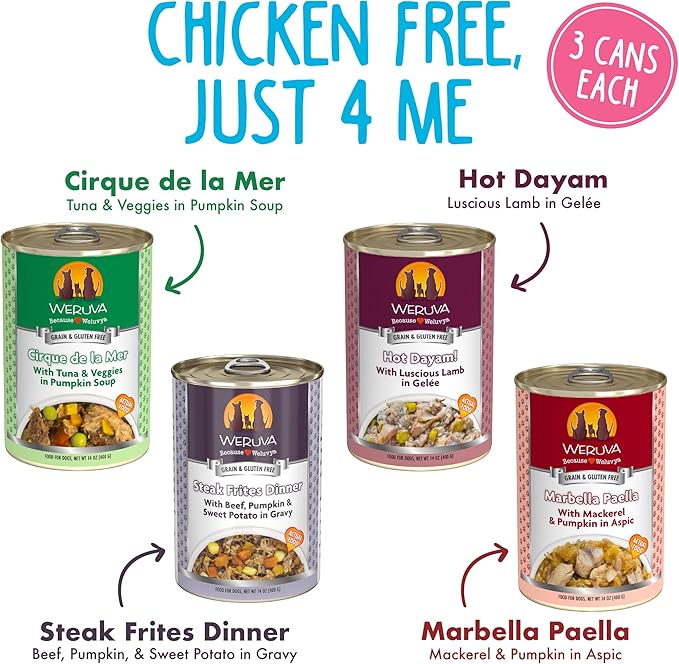 Weruva Classic Dog Food, Variety Pack, Chicken Free, Just 4 Me, Wet Dog Food, 14oz Cans (Pack of 12)