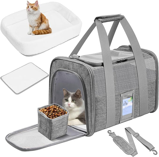Soft Sided Cat Carrier for Under 18 Pounds, Folable Pet Carrier for Small Medium Cats Dogs, Roomy Dog Travel Carrier, Collapsible Puppy Carrier Bag with Locking Safety Zippers, Gray