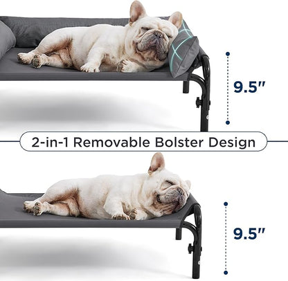 Bedsure Elevated Raised Outdoor Dog Bed - Cooling Dog Cot Bed with Bolster for Medium Dog, Lifted Pet Bed with Durable Breathable Teslin Mesh, Dog Hammock Bed with Non-Slip Feet, Grey, 32 inches