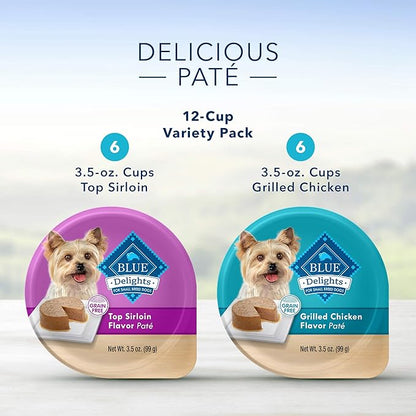 Blue Buffalo Delights Natural Adult Small Breed Wet Dog Food Cups, Pate Style, Grilled Chicken & Top Sirloin 3.5-oz (12 Pack- 6 of Each Flavor)