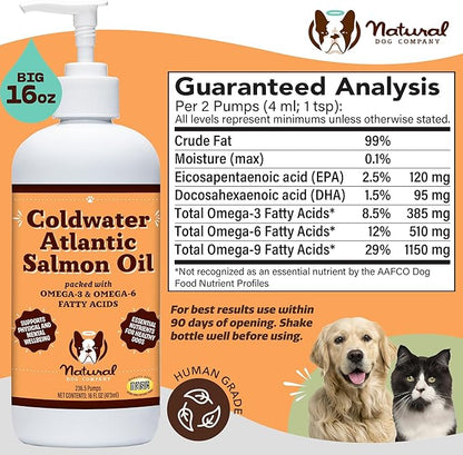 Natural Dog Company Coldwater Atlantic Salmon Oil for Dogs (16oz) - Senior Dog Fish Oil Supplement with Omega 3, Easy to digest for Senior Dog Fish Oil, Liquid Dog fish oil Joint Support Supplement