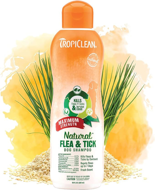 TropiClean Maximum Strength Natural Flea and Tick Dog Shampoo for Flea and Tick Prevention for Dogs | Made in the USA | 20 oz