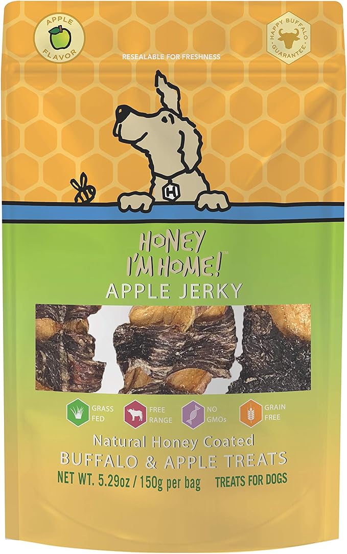 Honey I'm Home, Buffalo Wrapped Apple Jerky Dog Treats, 5.29 Ounces - All Natural, Free Range, Healthy, Grain Free, Honey Coated & Chewy