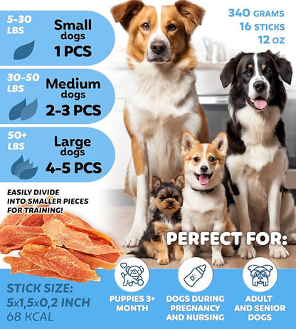Chicken Jerky Dog Treats - Rawhide Free - Dental Health Support Dog Snacks - Real Chicken - Grain Free, Low-Calorie, High-Protein, Canine Chews, 12 oz