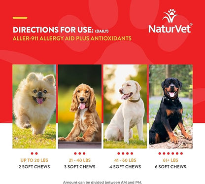 NaturVet Aller-911 Advanced Allergy Aid for Dogs, Cats – Antioxidant-Rich Pet Supplement with Omegas, DHA, EPA – Helps Support Dog Immune System, Cat Respiratory Health, Skin Moisture 70 Soft Chews