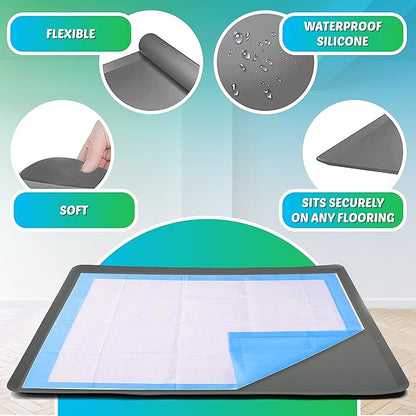 Skywin Dog Pad Holder Tray for 27.5 x 44 Inches Training Pads (Grey) - Easy to Clean and Store Perfect for Dog Potty Tray – Silicon Wee Wee Pad Holder, No Spill Pee Pad Holder for Dogs
