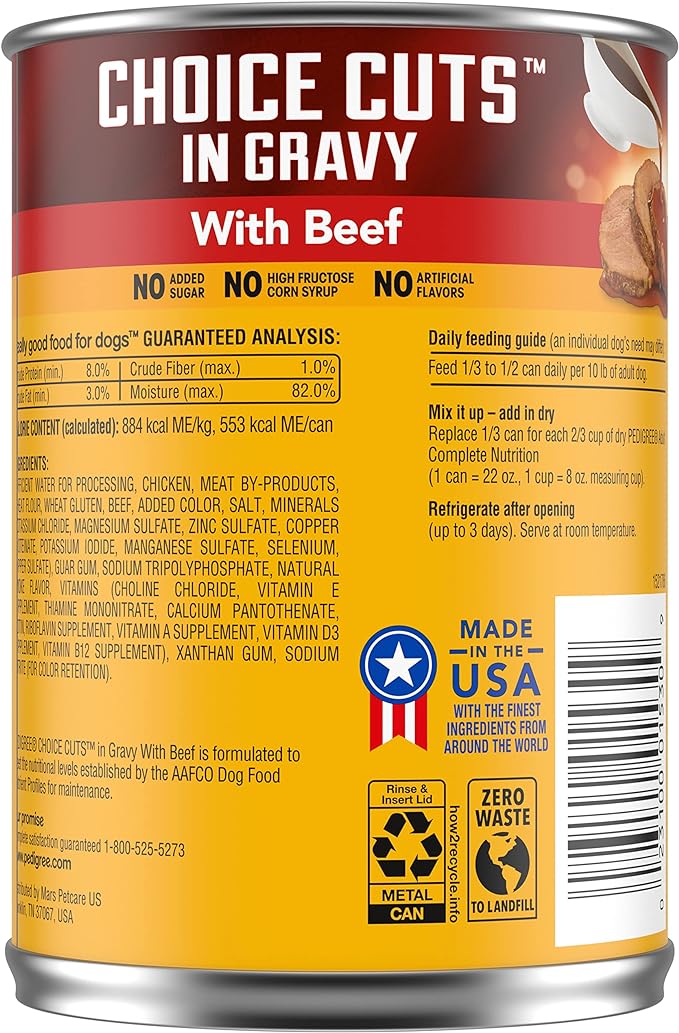 PEDIGREE CHOICE CUTS IN GRAVY Adult Canned Soft Wet Dog Food with Beef, 22 oz. Cans (Pack of 12)