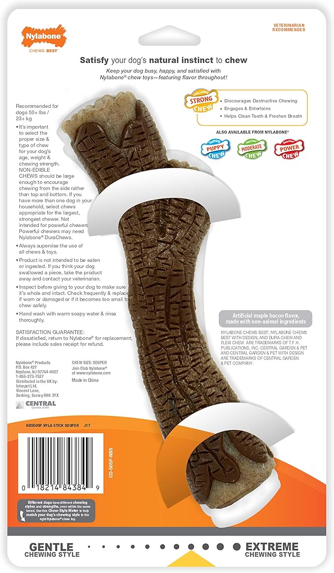 Nylabone Strong Chew Real Wood Stick Chew Toy for Dogs, Maple Bacon Flavor, X-Large/Souper (1 Count)