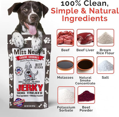 Miss Nelly's -All Natural Beef Jerky Dog Treats - Soft Sticks - USA Made and Sourced - Original Smoke House Recipe - Small Batch Beef Jerky for Dogs - Minimally Processed - 8 oz. Bag