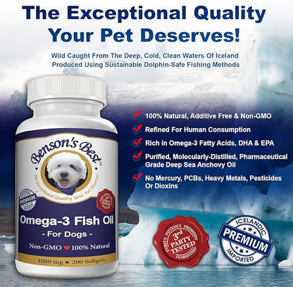 Benson's Best Omega 3 Fish Oil for Dogs - Provides 43% More Omega 3 Fatty Acids Than Salmon Oil - 200 Softgels 1000 mg - 100% Pure, Non-GMO, Natural Pet Food Dog Fish Oil Supplements