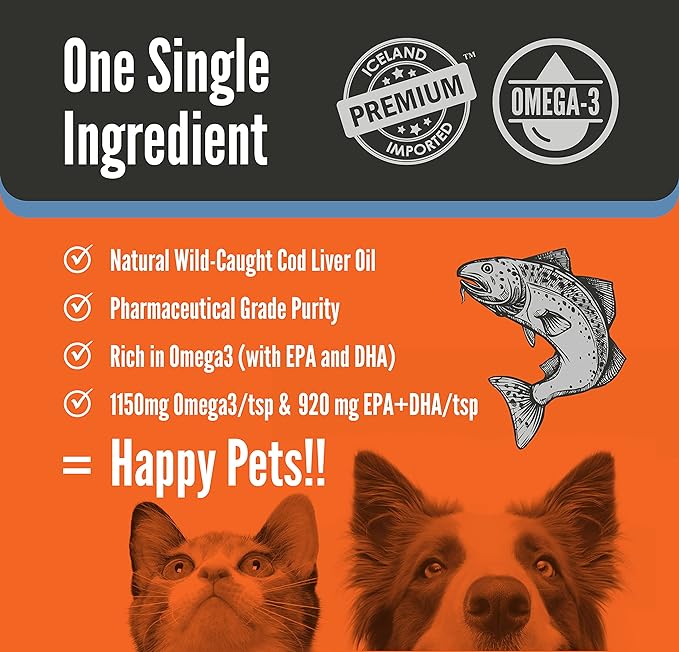 Pure Wild Caught Icelandic Cod Liver Oil 16oz Highest Purity, Highest Omega 3 1150mg/tsp, High EPA/DHA, Vitamin A & D - Reduces Itching, Healthy Skin & Coat, Mobility, BPA-free, Pump incl.