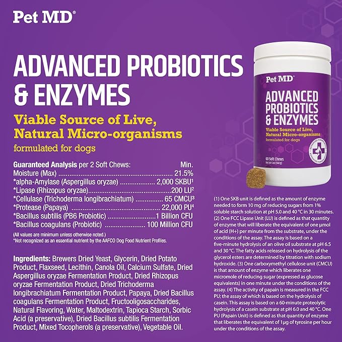 Pet MD Probiotics & Enzymes for Dogs - Gut Health Chews with Prebiotics - Digestive Aid for Dogs with Upset Stomach, Diarrhea, Constipation, or Gas - Functional Probiotics for Dogs - 60 ct