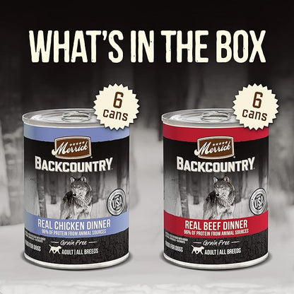 Merrick Backcountry Grain Free Premium Canned Dog Food, Variety Pack, Real Beef and Chicken Dinner Recipes - (Pack of 1) 9.5 lb. Cans