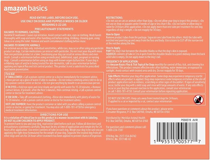 Amazon Basics Flea and Tick Topical Treatment for Small Dogs (5 -22 pounds), Unscented, 6 Count (Previously Solimo)