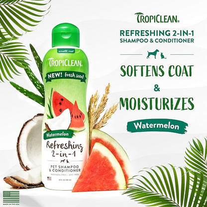 TropiClean Watermelon Refreshing 2-in-1 Cat & Dog Shampoo and Conditioner | Cat & Dog Bath Supplies | 20 oz | Made in The USA
