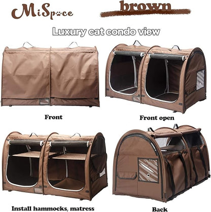 Mispace Portable Twin Compartment Show House Cat Cage/Condo - Easy to Fold & Carry Kennel - Comfy Puppy Home & Dog Travel Crate with Portable Carry Bag/Two Hammocks/Mats and Collapsible Litter Box