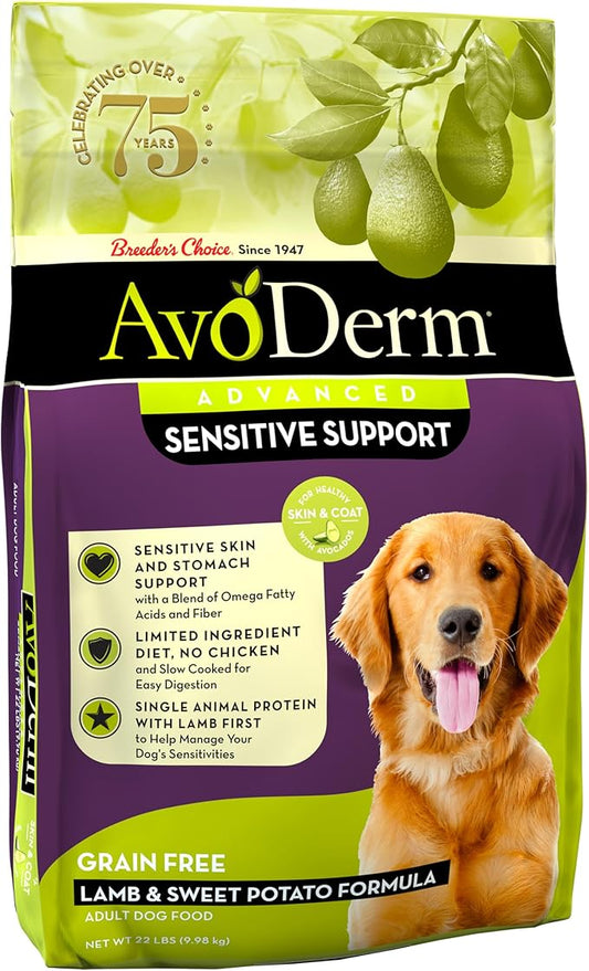 AvoDerm Advanced Sensitive Support Grain-Free Lamb & Sweet Potato Formula Dry Dog Food, Sensitive Stomach, 22lb