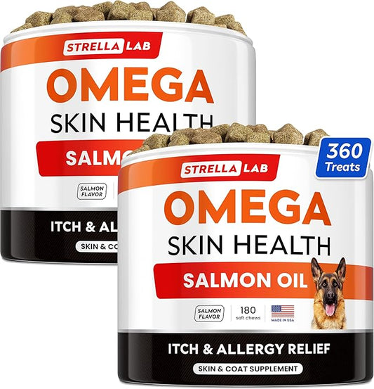 StrellaLab Omega 3 for Dogs - (360Ct) Fish Oil Treats - Allergy & Itch Relief Skin&Coat Supplement - Dry Itchy Skin, Shedding, Hot Spots Treatment, Anti Itch - Pet Salmon Oil Chews - Salmon Flavor