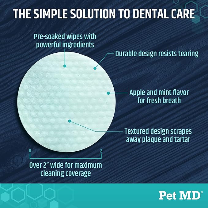 Pet MD Dog Breath Freshener Dental Wipes for Dogs - Tartar and Plaque Remover for Teeth Cleaning - Fresh Apple & Mint Scent Bad Breath Treatment for Dogs - 100 count
