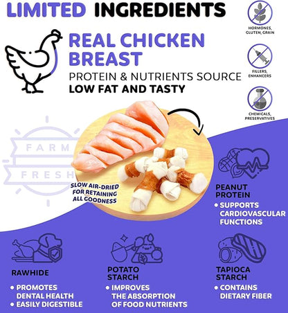 Chicken Wrapped Knotted Rawhide Bones Dog Treats - Dog Dental Health Support, Long-Lasting, Grain Free Canine Treats - Low-Calorie & High-Protein Real Chicken Dog Chews, 12 oz