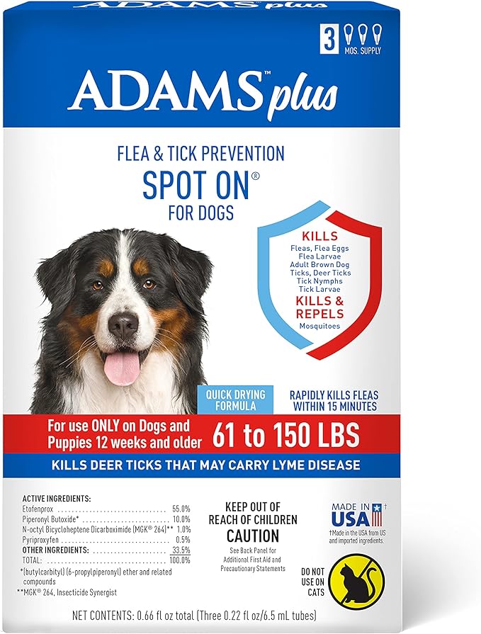 Adams Plus Flea & Tick Prevention Spot On for Dogs 61-150 Pounds, 12 Weeks & Older, 3-Month Supply, Kills Fleas, Flea Eggs, Flea Larvae & Brown Dog & Deer Ticks, Kills & Repels Mosquitoes For 30 Days
