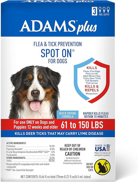 Adams Plus Flea & Tick Prevention Spot On for Dogs 61-150 Pounds, 12 Weeks & Older, 3-Month Supply, Kills Fleas, Flea Eggs, Flea Larvae & Brown Dog & Deer Ticks, Kills & Repels Mosquitoes For 30 Days