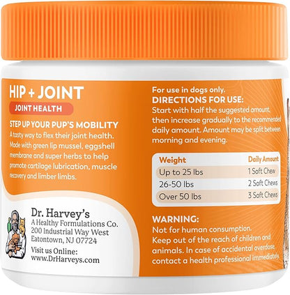 Dr. Harvey's Hip & Joint Soft Chews for Dogs, Daily Mobility Supplement Chewable Bites for Dogs with Glucosamine, Chondroitin & MSM, Green Lipped Mussel, Chicken Flavor (90 Chews)