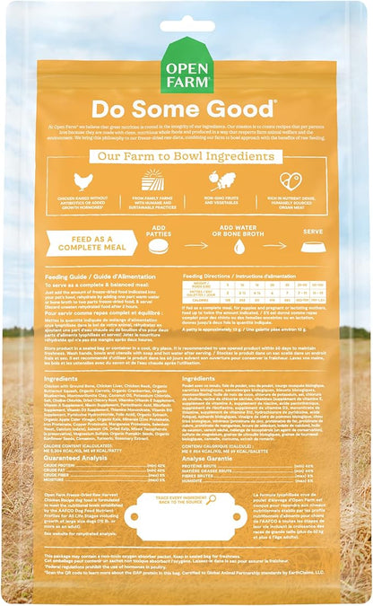 Open Farm Freeze Dried Raw Patties for Dogs, Humanely Raised Meat Recipe with Non-GMO Superfoods and No Artificial Flavors or Preservatives, Harvest Chicken Recipe, 17.5oz