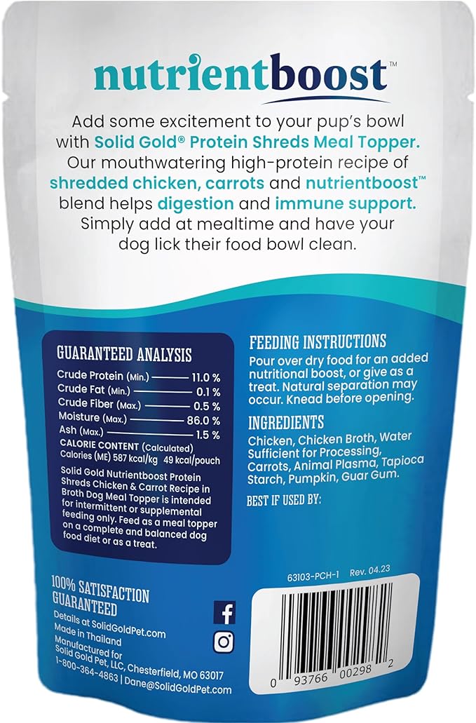 Solid Gold Dog Food Topper - 12 Pack Protein Shreds Wet Dog Food Topper w/Chicken & Carrots - High Protein Meal Toppers for Dogs to Support Muscle Growth and Overall Immunity