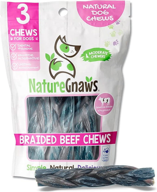 Nature Gnaws Braided Beef Jerky Chews for Dogs - Premium Natural Beef Gullet Sticks - Simple Single Ingredient Tasty Dog Chew Treats - Rawhide Free 3 Count (Pack of 1)