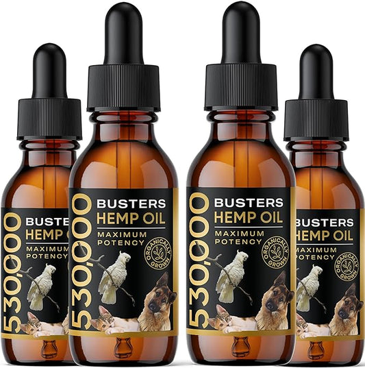 Buster's Organic Hemp Oil 530,000 4Pack-4month supply for Dogs & Cats - Max Potency - Made in USA - Omega Rich 3, 6 & 9 - Hip & Joint Health, Natural Relief for Pain, Separation Anxiety