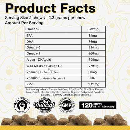 Dog Fish Oil Supplements - 120 Omega 3 Fish Oil Dog Vitamins, Veterinarian Formulated Itching Relief for Dogs, Natural Omega 3 Fish Oil for Dogs, Dog Skin and Coat Supplement (Salmon Flavor)