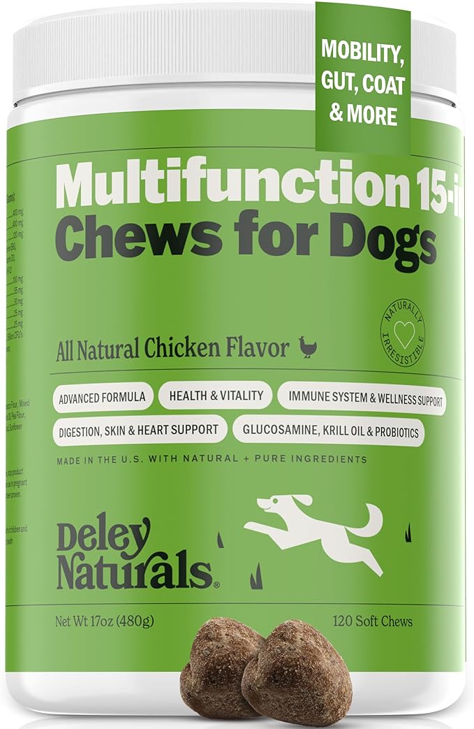 Deley Naturals 15 in 1 Dog Multivitamin Treats - 120 Grain Free Soft Chews - -Immune System, Skin & Coat, Joint Support & Digestion - Vitamins for Dogs of All Ages - Made in USA - Chicken Flavor