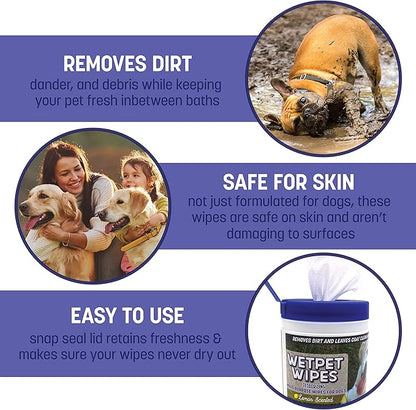 WETPET Wipes for Dogs, Lemon Scented, Grooming Wipes Remove Dirt & Grime, Deodorizing Easy to Use for Dogs & Puppies, Safe on Skin and Fur Single Pack