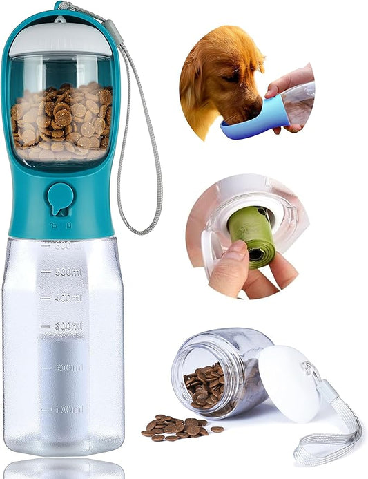 Dog Water Bottle with Food Container, Portable Pet Dog Water Dispenser for Outdoor Walking,Hiking,Travel,Puppy Essentials,Puppy Supplies,Replaceable Waste Bags