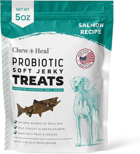 Chew + Heal Labs Probiotic Salmon Jerky Dog Treats - 5 oz of Salmon Jerky for Digestive Health - Made with Wild Alaskan Salmon, Apples, Pumpkin, Pea Protein, and More - Made in The USA