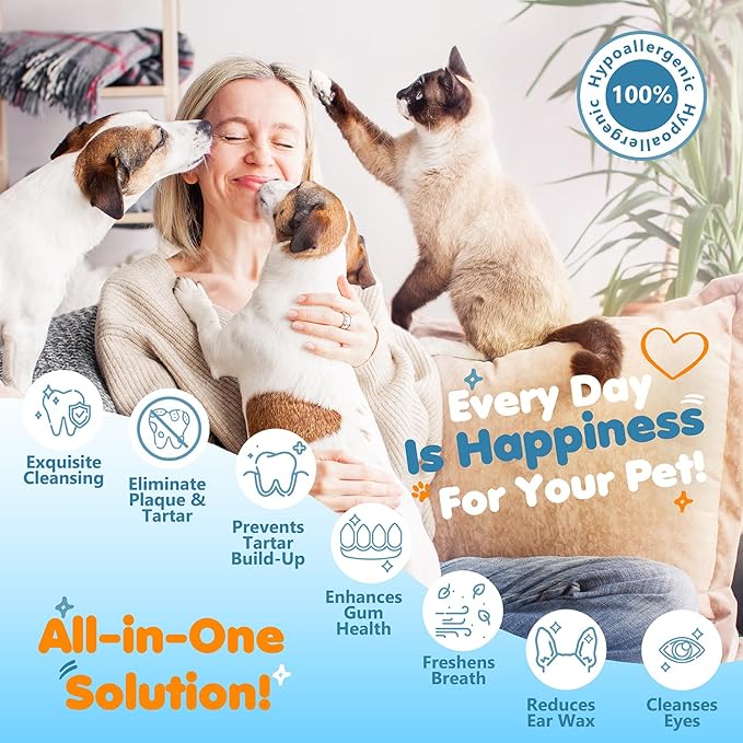 3-in-1 Pet Finger Wet Wipes for Dogs & Cats, Soft Disposable Finger Towels for Eye, Ear, & Dental Care, Freshen Breath with Deep Teeth Cleaning Support, Pack of 70