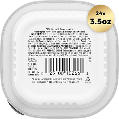 CESAR Adult Wet Dog FoodLoaf & Topper in Sauce Filet Mignon Flavor with Bacon & Potato, 3.5 Ounce (Pack of 24), Easy Peel Trays
