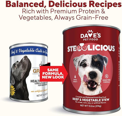 Dave's Pet Food Grain Free Wet Dog Food (Beef & Vegetable in Gravy), Made in USA Naturally Healthy Canned Dog Food, Added Vitamins & Minerals, Wheat & Gluten-Free, 13.2 oz Cans (Case of 12)