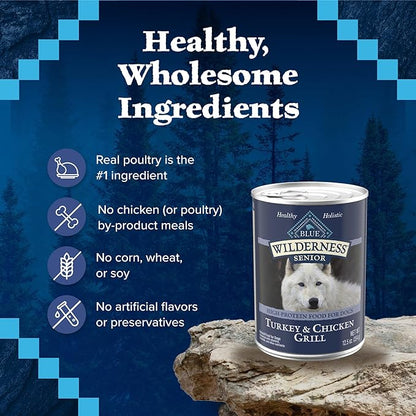 Blue Buffalo Wilderness High Protein, Natural Senior Wet Dog Food, Turkey & Chicken Grill 12.5-oz cans (Pack of 12)