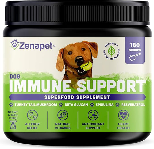 ZENAPET Allergy Immune Support Supplement for Dogs, Superfood 100% Human-Grade with Turkey Tail Mushroom, Prebiotics for Gut Health, Itchy Skin, Seasonal Allergies & Yeast - for Small to Large Breeds